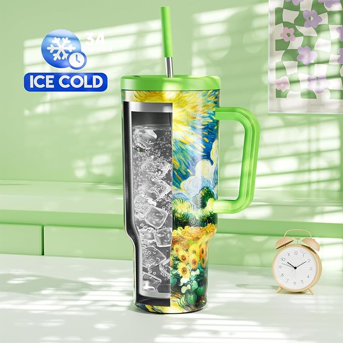 Meoky 40 oz Tumbler with Handle and Straw: Stainless Steel Insulated Tumbler with Lid and Straw - 100% Leak Proof Tumbler for Car Cup Holders - Travelers Commuters Workers, Sunflower - Image 2