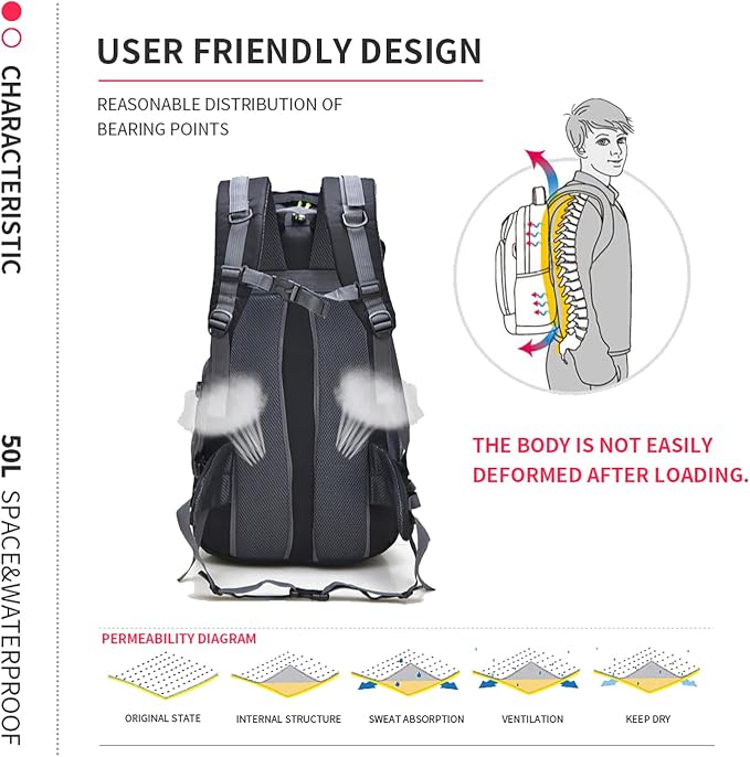 Bseash 50L Hiking Backpack, Water Resistant Lightweight Outdoor Sport Daypack - Image 7