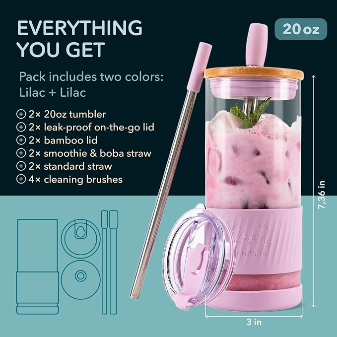 Pandaloo® Glass Cups With Lids and Straws -20 Fl Oz- Perfect Size Iced Coffee Cup - Smoothie Cup With Bamboo Lid and On the go Lid - Glass Tumbler (2 Count (Pack of 1), Lilac Rhapsody-Lilac Rhapsody) - Image 2