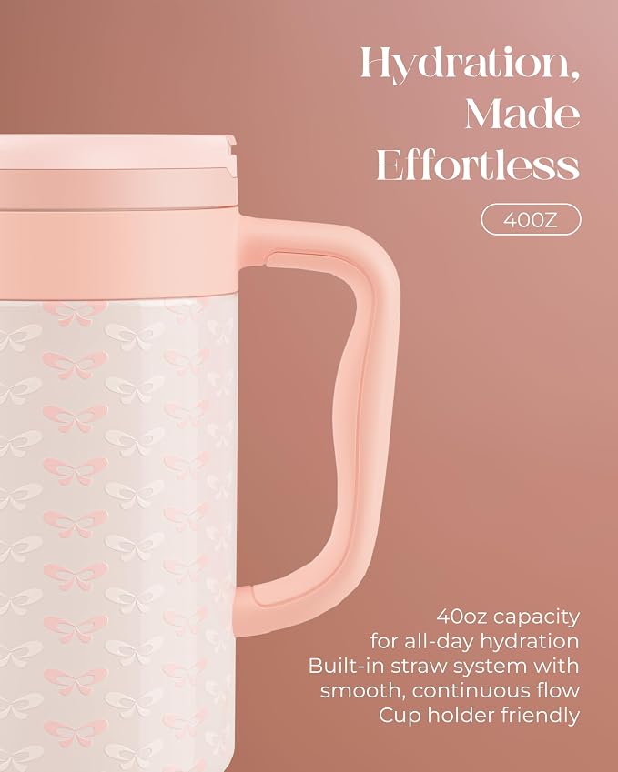 40 oz Insulated Tumbler with Handle and Push-Button Straw Lid, Stainless Steel Travel Cup for Gym Office, Leakproof, BPA-Free, Cup Holder Friendly, Bow Silicone Boot, Cream (Coquette Peachy) - Image 5