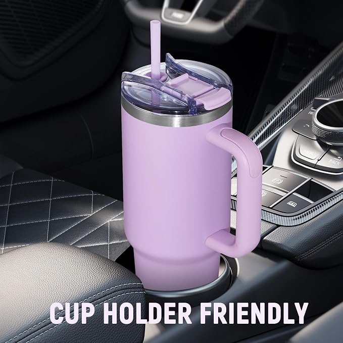 40 oz Tumbler with Handle and Straw Lid,Insulated Reusable Stainless Steel Water Bottle Travel Mug，Cupholder Friendly Double Wall Vacuum Sealed Cup (Lavender Purple) - Image 5