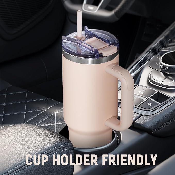 40 oz Tumbler with Handle and Straw Lid,Insulated Reusable Stainless Steel Water Bottle Travel Mug，Cupholder Friendly Double Wall Vacuum Sealed Cup (Rose Quartz) - Image 5