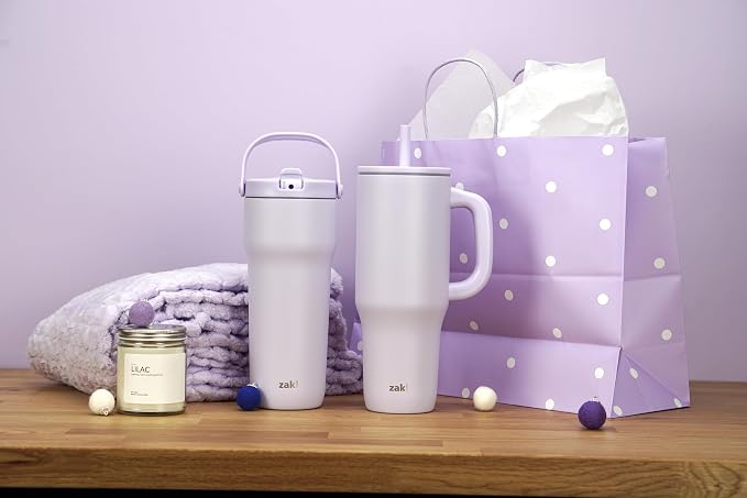 Zak Designs Sutton Travel Tumbler for On the Go, 40oz Stainless Steel with Vacuum Insulation, Silicone Straw, and Carry Handle for Cold Drinks (Smoky Lilac Purple) - Image 9