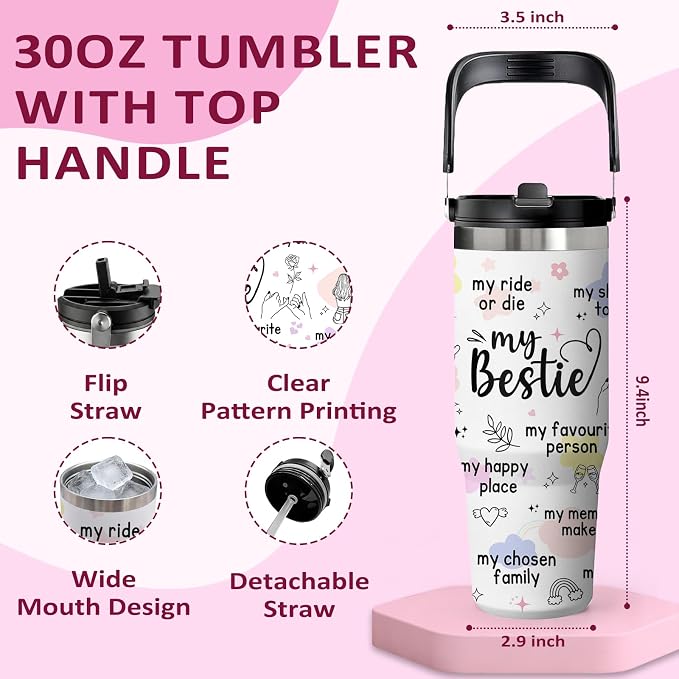 Bestie Tumbler 30oz - Best Friend Gift for Women, Stainless Steel Insulated Cup with Handle, Friendship Birthday Christmas Gift for Female Friends, Thoughtful Gifts Idea - Image 2
