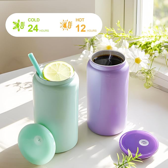 6 Pack Glass Cups with Lids and Straws Unbreakable 16 oz Stainless Steel Can Cup Double Wall Insulated Beer Can Tumbler for Iced Coffee, Juice, Soda, Bright-Colored - Image 3