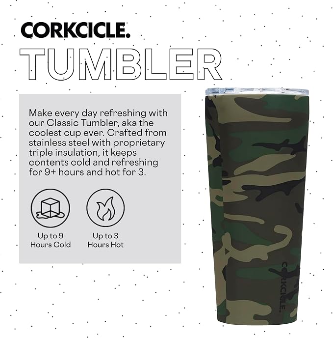 Corkcicle Classic Tumbler - Insulated Stainless Steel Travel Cup - Cold & Hot Drinks - Reusable - Durable - Spill Proof Lid - Non-Slip Silicone Base - Easy Grip - BPA Free - 24 oz - Woodland Camo - Image 2