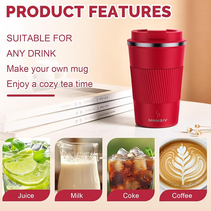 MOMSIV 12oz Travel Mug, Insulated Coffee Cup with Leakproof Lid, Vacuum Stainless Steel Double Walled Reusable Tumbler for Hot and Cold Water Coffee and Tea - Image 4