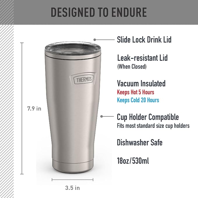 THERMOS ICON SERIES, Stainless Steel Tumbler with Slide Lock, 18 Ounce, Matte Stainless Steel - Image 2