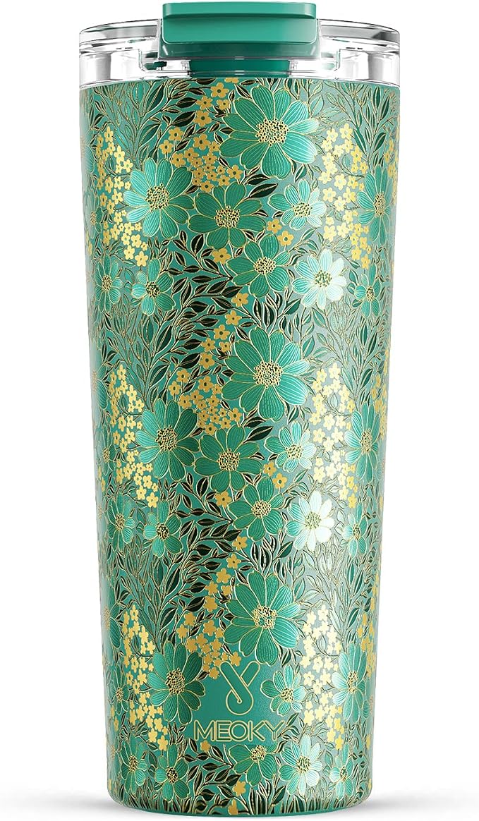 Meoky 24 oz Travel Coffee Mug with Leak-proof Lid, Stainless Steel Insulated Coffee Tumbler, Keeps Hot for 8 Hours or Cold for 24 Hours, Fits in Car Cup Holder (Emerald Bloom) by MEOKY