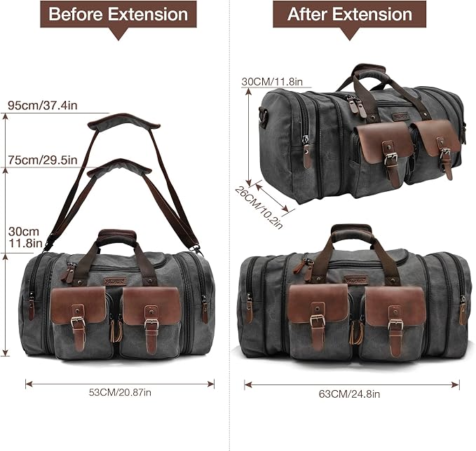 Wildroad 50L Travel Duffel Bag, Expandable Canvas Genuine Leather Duffle Bag - Image 7