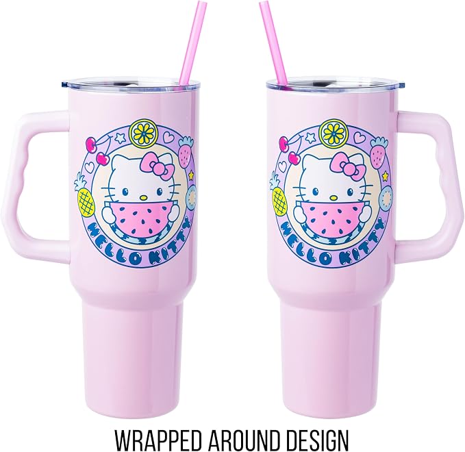 Silver Buffalo Sanrio Hello Kitty Summer Kawaii Fruits Double Walled Stainless Steel Tumbler with Handle, Fits in Standard Cup Holder, 40 Ounces - Image 5