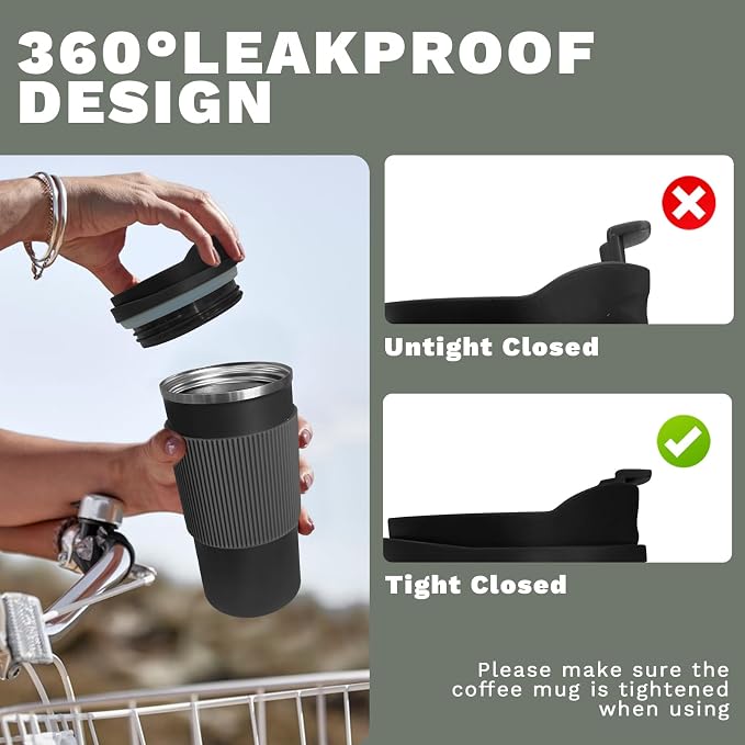 YINBAOGE Upgraded Insulated Travel Coffee Mug, Spill Proof & Leak Proof, Portable Camping Stainless Steel Tumbler, Reusable Thermal Coffee Cup with Lid for Hot & Cold Drinks (4th-Black, 15OZ) - Image 5