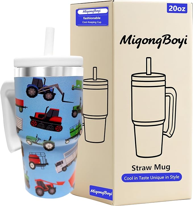 2PCS 20-OZ Insulated Water Bottle,Insulated Stainless Steel Tumbler,Reusable Cold Drink Thermos,BPA-Free, Double-Wall Stainless Steel Water Bottle (Blue-Farm Vehicles, 20, Fluid Ounces) by Unknown