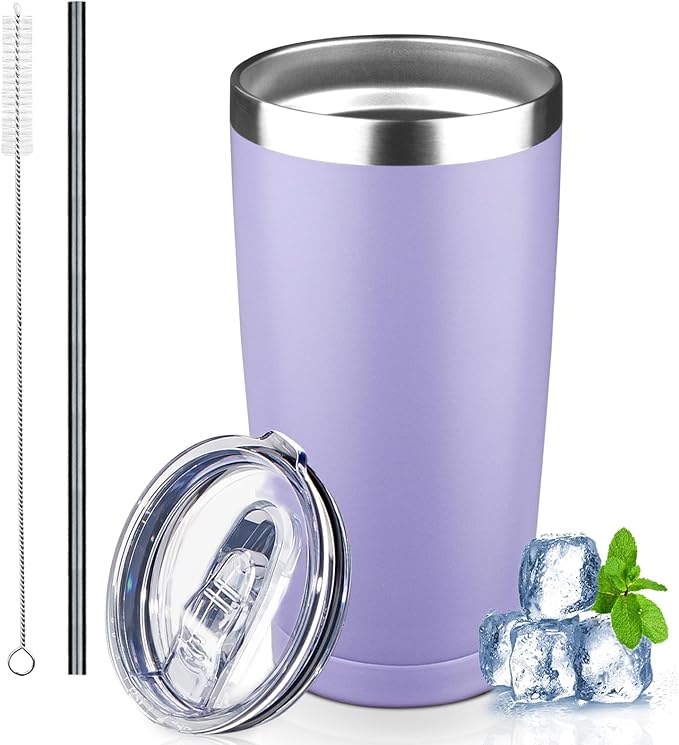 20 oz Tumbler with Lids and Straws, Stainless Steel Insulated Coffee Tumbler, Double Wall Vacuum Insulated Travel Mug Cup, Leakproof Thermal Coffee Cup for Hot and Cold Drinks (light purple) by GUDEMAO