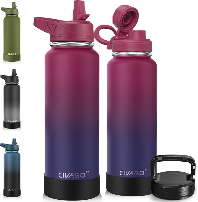 CIVAGO 40 oz Insulated Water Bottle With Straw, Stainless Steel Sports Water Flask Cup with 3 Lids (Straw, Portable Spout and Handle Lid), Double Walled Travel Thermal Canteen Mug, Dark Rainbow by CIVAGO
