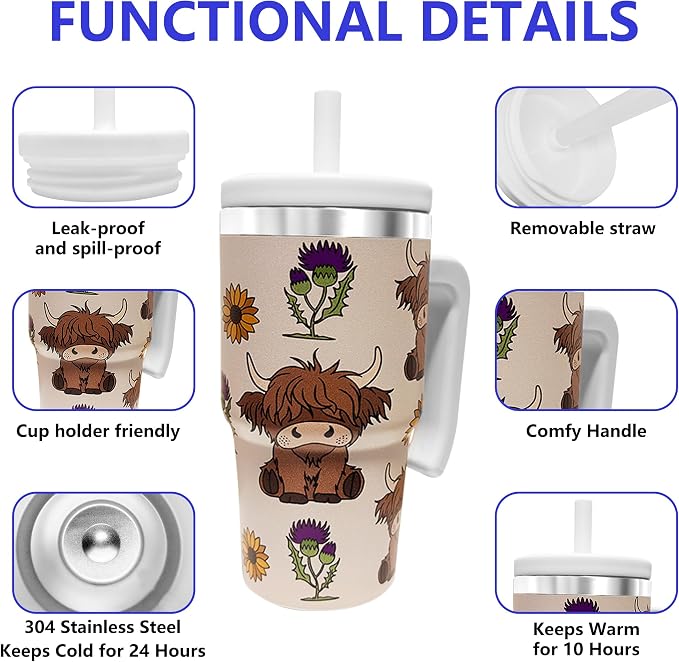 2PCS 20-OZ Insulated Water Bottle,Insulated Stainless Steel Tumbler,Reusable Cold Drink Thermos,BPA-Free, Double-Wall Stainless Steel Water Bottle (Cream-Higland cows, 20, Fluid Ounces) - Image 3