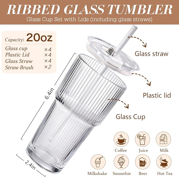 Iced Coffee Cups with Lids: Coffee Bar Accessories - Ribbed Glass Tumbler with Straw and Lid 4Pcs - 20oz Leak Proof Tumbler - Reusable Glass Cups and Tumblers with Lid and Straws for To Go Iced Coffee - Image 2