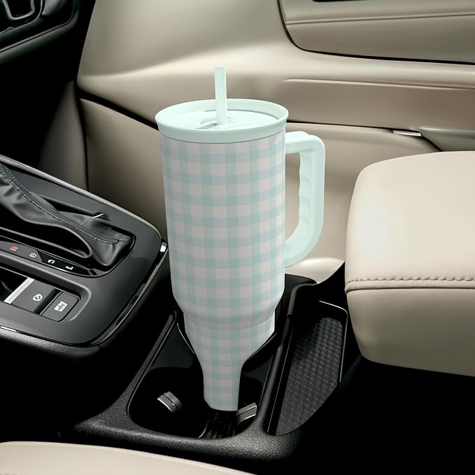 SANDJEST Mint Gingham 40oz Slider Tumbler with Handle and Straw - Insulated Stainless Steel Travel Coffee Mug for Women Girls, Gift for Birthday, Christmas - Image 8