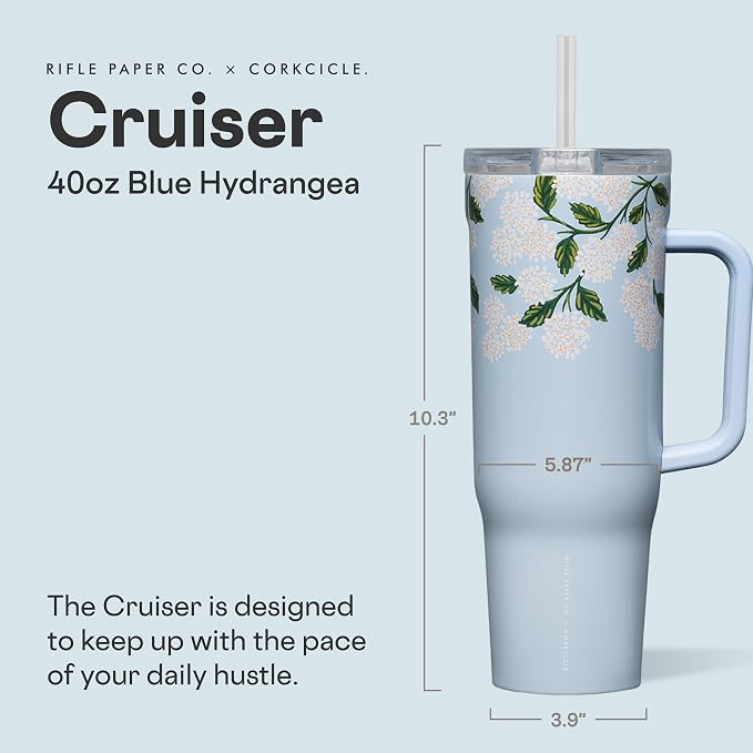Corkcicle x Rifle Paper Co. Cruiser Insulated Tumbler with Handle & Straw - Keeps Drinks Cold 20 Hours - BPA-Free - 40 oz - Gift for Mom - Great for Mother's Day or Christmas - Gloss Blue Hydrangea - Image 2