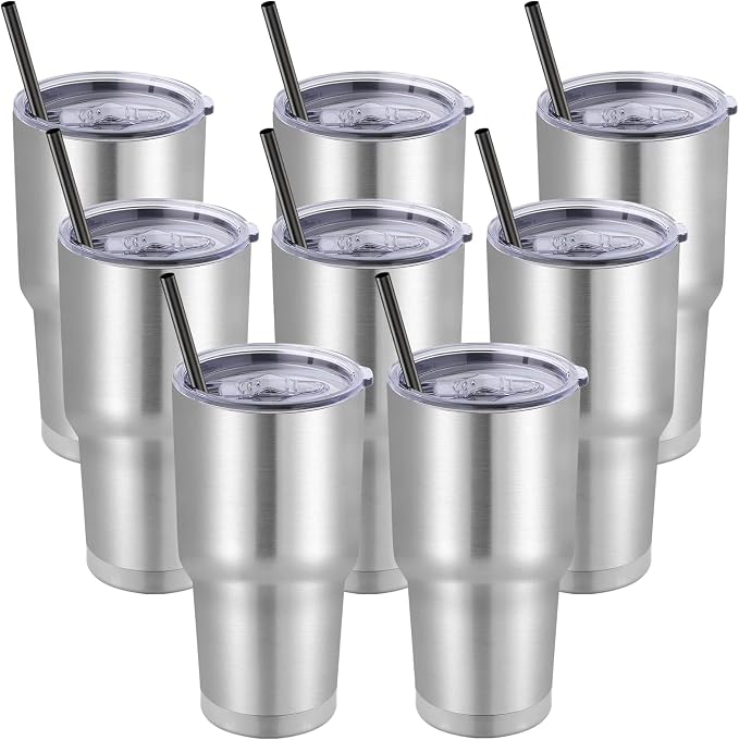 DOMICARE 30oz Tumbler Bulk with Lid and Straw, Double Wall Travel Coffee Mug, Insulated Vacuum Stainless Steel Tumblers, Powder Coated Tumbler Cup (Stainless Steel, 8) by VisittheDOMICARE