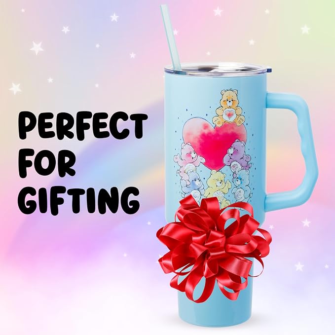 Silver Buffalo Care Bears Watercolor Featuring Tenderheart, Cheer, Grumpy, Funshine, Bedtime, Share Bear Double Walled Stainless Steel Tumbler w Handle & Straw, Fits in Standard Cup Holder, 40 Ounces - Image 7