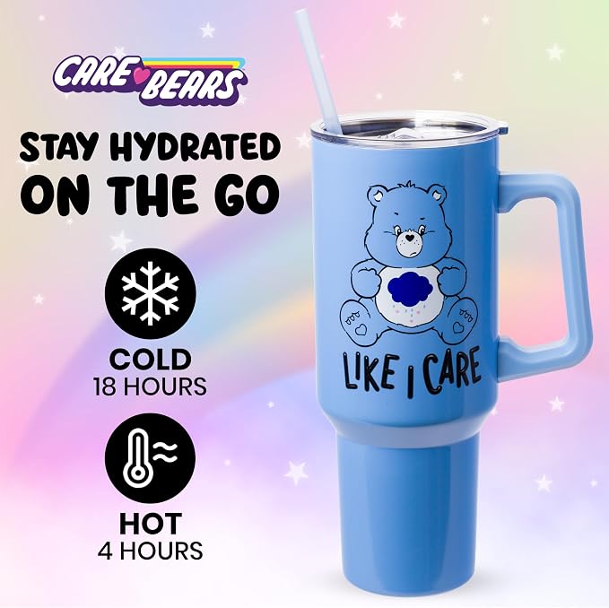 Silver Buffalo Care Bears Grumpy Bear Like I Care Double Walled Stainless Steel Tumbler with Handle and Straw, Fits in Standard Cup Holder, 40 Ounces - Image 2