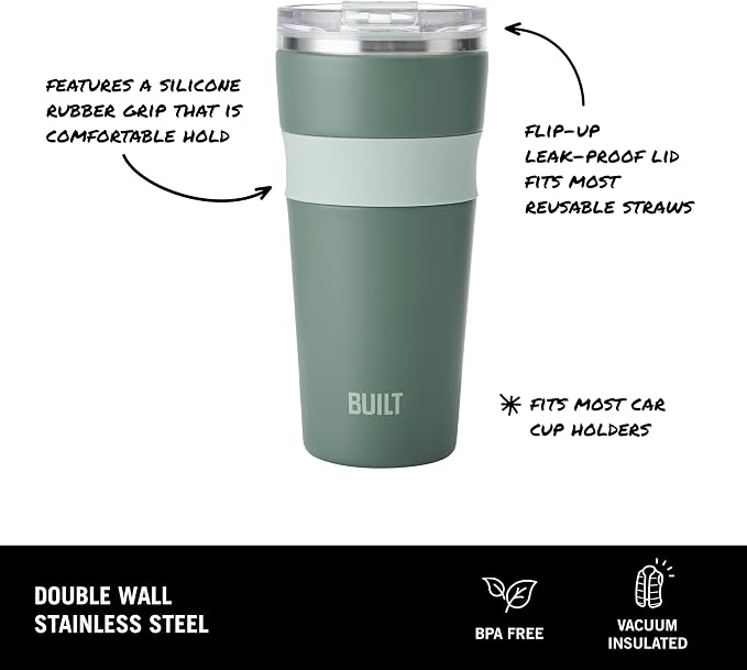 BUILT 24 oz Stainless Steel Vacuum Insulated Tumbler - Sage Green Double Wall Travel Cup, Keeps Drinks Cold 24 Hours or Hot 8 Hours, Leak Proof Lid with Flip Straw, Silicone Grip - Image 3