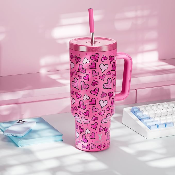 Meoky 40 oz Tumbler with Handle and Straw: Stainless Steel Insulated Tumbler with Lid and Straw - 100% Leak Proof Tumbler for Car Cup Holders - Travelers Commuters Workers, Blush Heart - Image 7