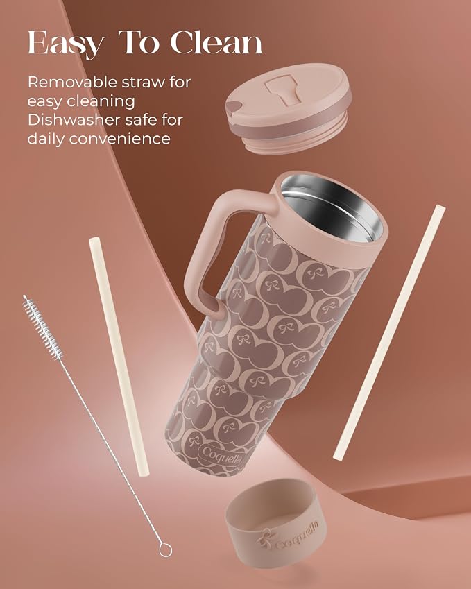 40 oz Insulated Tumbler with Handle and Push-Button Straw Lid, Stainless Steel Travel Cup for Gym Office, Leakproof, BPA-Free, Cup Holder Friendly, Bow Silicone Boot, Brown (C’ Espresso) - Image 6