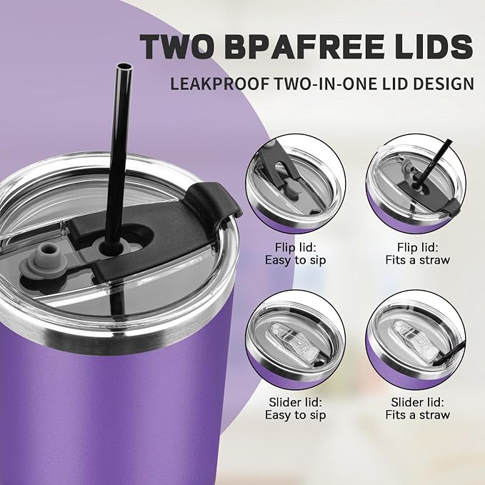 30 oz Tumbler with Lids and Straws, Stainless Steel Insulated Coffee Tumbler, Double Wall Vacuum Insulated Travel Mug Cup, Leakproof Thermal Coffee Cup for Hot and Cold Drinks (Purple) - Image 5