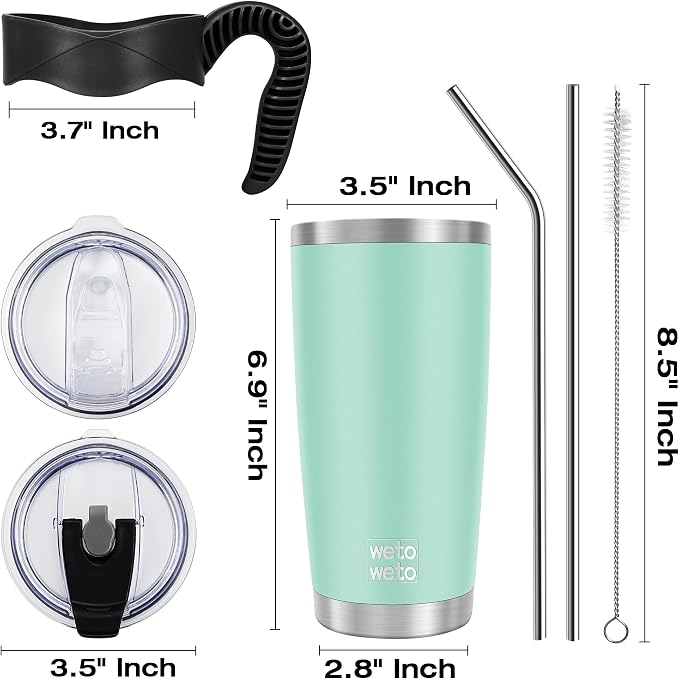 WETOWETO 20oz Tumbler with 2 lids and 2 straws, Stainless Steel Vacuum Insulated Water Coffee Tumbler Cup with Handle, Double Wall Powder Coated Travel Mug Thermal Cup (Light Green, 1 Pack) - Image 3