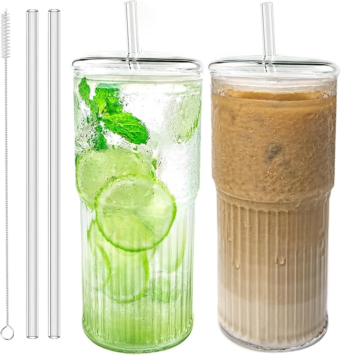 Luiaiog Glass Cups with Lids and Glass Straws, High Borosilicate 20OZ Tumblers (2Pcs) for Coffee, Tea, Juice, Smoothies, Hot/Cold Drinks at Home, Office by Luiaiog