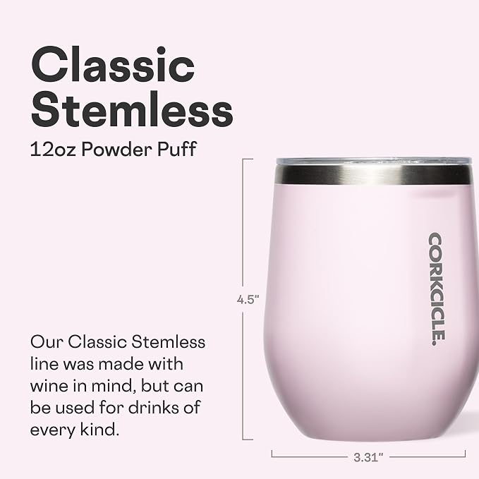 Corkcicle Stemless Wine Tumbler - Keeps Drinks Cold for 6 Hours - Triple-Insulated Stainless Steel - Non-Slip Base - Summer Drinkware Gift - Keeps Drinks Ice Cold - 12 oz - Powder Puff - Image 2