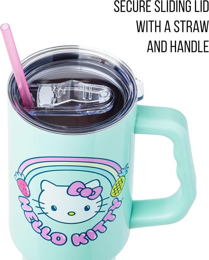 Silver Buffalo Sanrio Hello Kitty Kawaii Strawberry, Pineapple, and Rainbows Double Walled Stainless Steel Tumbler with Handle and Straw, Fits in Standard Cup Holder, 40 Ounces - Image 2