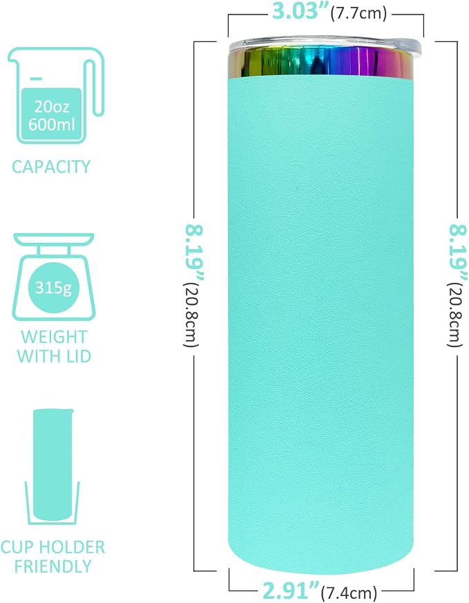 20 oz Skinny Tumblers Stainless Steel Tumbler with Lid and Straw Double Wall Vacuum Insulated Coffee Mug 20oz Powder Coated Cup for Hot and Cold Drinks(Mint Green,8 pack) - Image 2