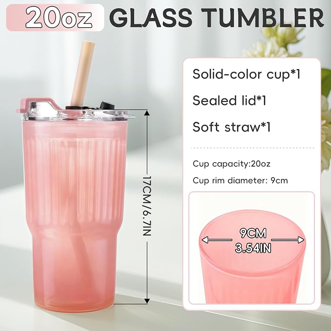 Iced Coffee Cups with Lids: Coffee Bar Accessories - Ribbed Glass Tumbler with Silicone Straw and Lid - 20oz Leak Proof Reusable Glass Cups and Tumblers with Lid and Silicone Straws(1Pcs-Pink) - Image 2