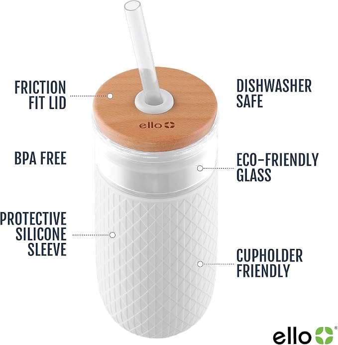 Ello Devon 18oz Glass Tumbler with Straw, Friction Fit Bamboo Wood Lid and Silicone Sleeve | Perfect for Iced Coffee, Tea, and Smoothies - Image 3