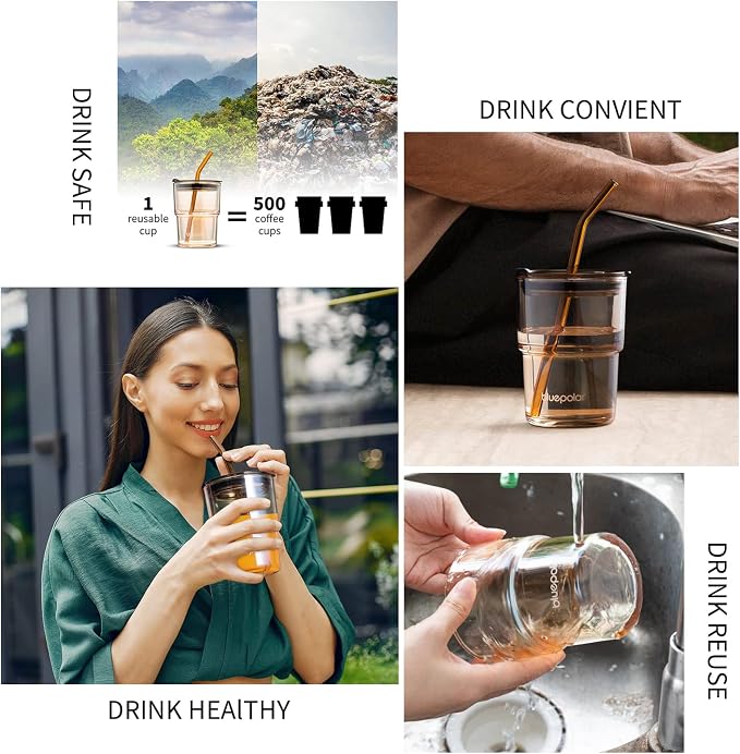 BLUEPOLAR 13oz/400ml Glass Water Tumbler with Straw and Lid Sealed Carry On Thick Wall Iced Coffee Cup Glass Cup for Water, Iced Tea Fruit Juice Etc (Amber-2PACK) - Image 5