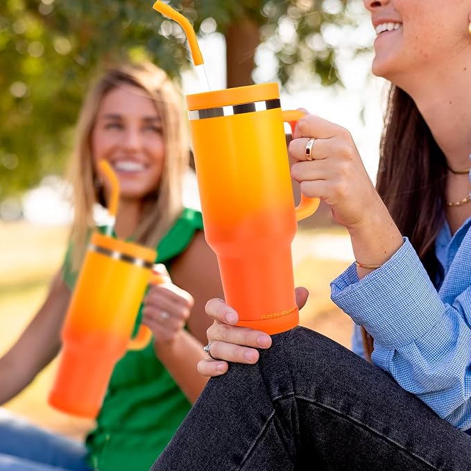 40oz Tumbler with Handle and Straw Spout 2-in-1 Lid, Spill Leak Proof Insulated Travel Cup Traveler Water Mug Keep Cold Hot, Dishwasher Safe Stainless Steel Bottle Gifts for Women Men, Ombre Orange - Image 2