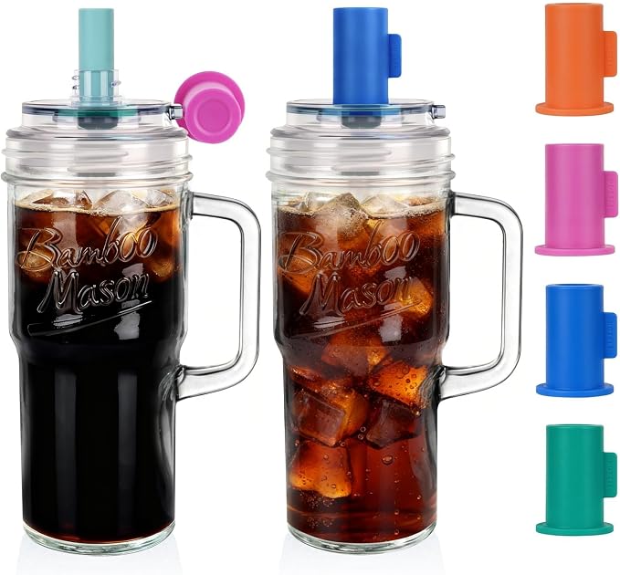 ANOTION Bamboo Mason Leakproof Mason Jar Cups with Lids and Straws, Cap Cup 24oz Glass Tumbler with Handle, Rotating Lid Silicone Straw, Reusable Iced Coffee Matcha Cup Coffee Gifts for Women 2pc by ANOTION