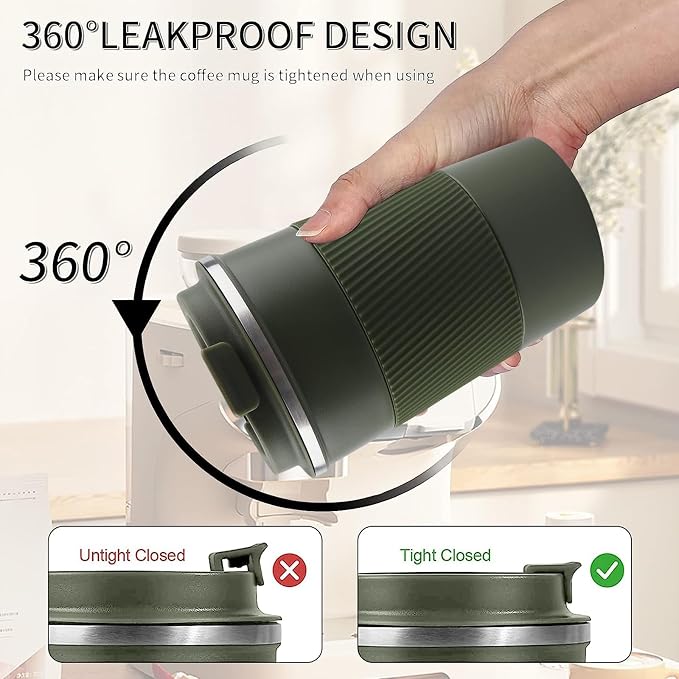 YINBAOGE Insulated Travel Coffee Mug, Spill & Leak Proof, Portable To Go Camping Stainless Steel Coffee Tumbler, Reusable Thermal Coffee Cup with Lid for Hot & Cold Drinks (Green, 17 OZ) - Image 4