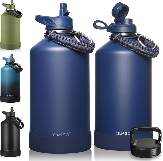 CIVAGO Gallon Insulated Water Bottle Jug with Straw, 128 oz Large Stainless Steel Water Flask, Big Metal Thermal Mug with 3 Lids for Sports, Travel, Gym, and Camping, Navy Blue by CIVAGO