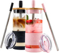Pandaloo® Glass Cups With Lids and Straws -20 Fl Oz- Perfect Size Iced Coffee Cup - Smoothie Cup With Bamboo Lid and On the go Lid - Glass Tumbler (2 Count (Pack of 1), Black Saphir-Tender Pink) by Pandaloo