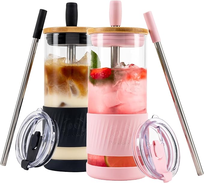 Pandaloo® Glass Cups With Lids and Straws -20 Fl Oz- Perfect Size Iced Coffee Cup - Smoothie Cup With Bamboo Lid and On the go Lid - Glass Tumbler (2 Count (Pack of 1), Black Saphir-Tender Pink) by Pandaloo