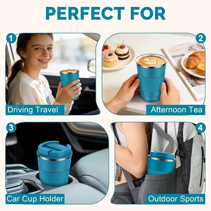 MOMSIV 12oz Travel Mug, Insulated Coffee Cup with Leakproof Lid, Travel Coffee Mug Vacuum Stainless Steel Double Walled Reusable Coffee Cup for Hot and Cold Water Coffee - Image 7