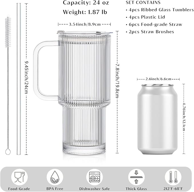 INSETLAN 24oz Ribbed Glass Tumbler with Handle & Lid – 4-Pack Large Iced Coffee Cups with Straws, Modern Glass Mug for Cold & Hot Beverages, Aesthetic Travel Cup for Smoothies, Tea, and Juice - Image 2