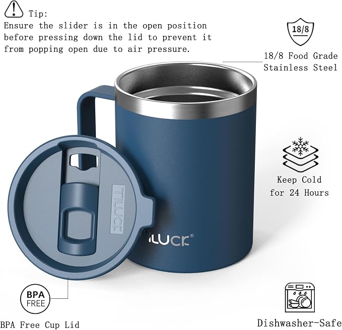 TILUCK 12 oz Insulated Coffee Mug with Lid, Double Wall Vacuum Insulated Travel Mug Cup with Handle for Hot or Cold Drinks（12oz，Matte DarkBlue） - Image 2