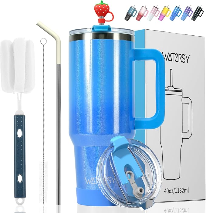 40 oz Shiny Tumbler with Handle and Straw,Stainless Steel Tumbler with Lid and Straw,Insulated Travel Mug(Cold for 34 Hours),Water Bottle for Iced Tea,Coffee (Blue) by Watersy