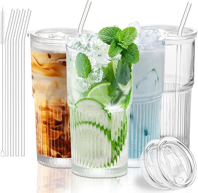 Luiaiog 18.5oz Glass Cups with Lids and Straws - Set of 4 Reusable Tumblers, Thickened Shatter-Resistant Glass, Ideal for Iced Coffee, Smoothies, Cocktails, Juices - Elegant & Durable Drinkware by Luiaiog