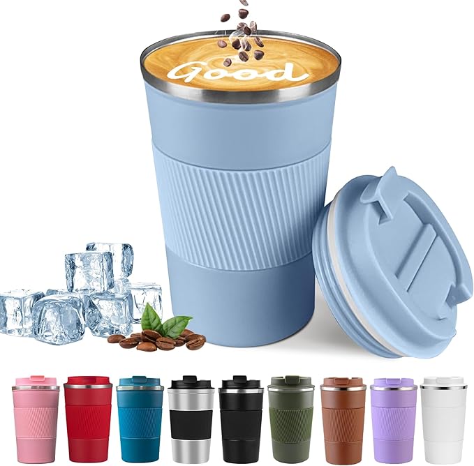 YINBAOGE Insulated Travel Coffee Mug, Spill & Leak Proof, Portable To Go Camping Stainless Steel Coffee Tumbler, Reusable Thermal Coffee Cup with Lid for Hot & Cold Drinks (Light blue, 12 OZ) by YINBAOGE